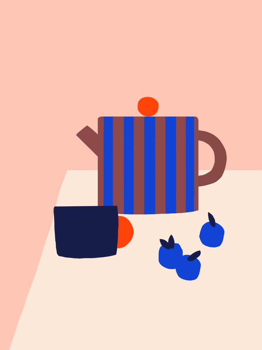 Illustration einer gestreiften Teekanne, blauer Tasse und blauen Beeren auf einem Tisch mit rosa Hintergrund.