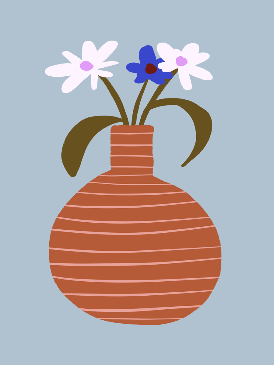 Illustration einer gestreiften Vase mit weißen und blauen Blumen auf blauem Hintergrund.