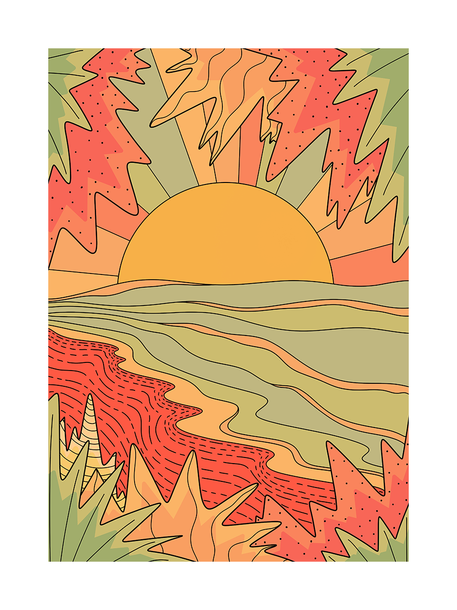 Abstrakte Illustration eines Sonnenuntergangs in Orange und Rot mit blattähnlichen Formen.