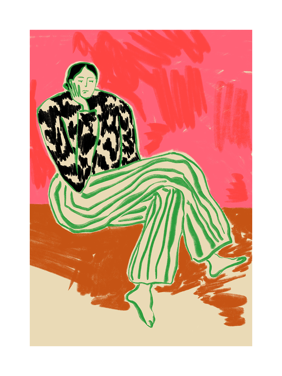Illustration einer Frau in einem gestreiften Anzug vor einem roten Hintergrund.