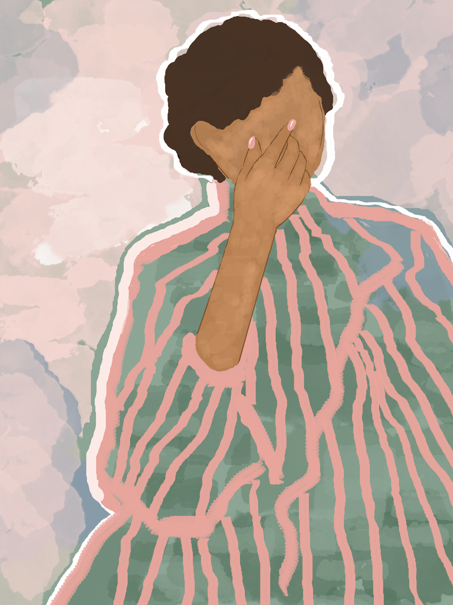 Illustration einer Frau in einem gestreiften Pullover vor einem abstrakten Hintergrund.