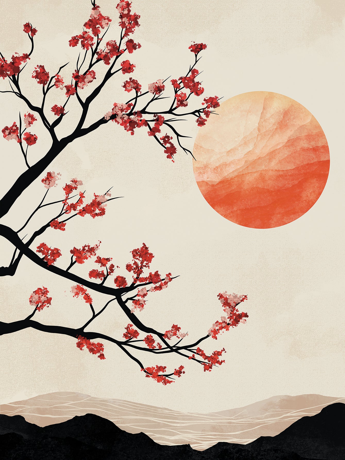 Illustration eines Kirschblütenbaums vor einer roten Sonne und einem beigen Himmel.