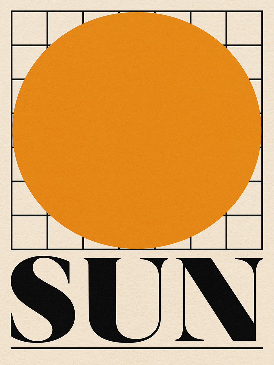 Grafik mit einer orangefarbenen Sonne vor einem schwarz-weißen Karomuster und dem Text "Sun" am unteren Rand.