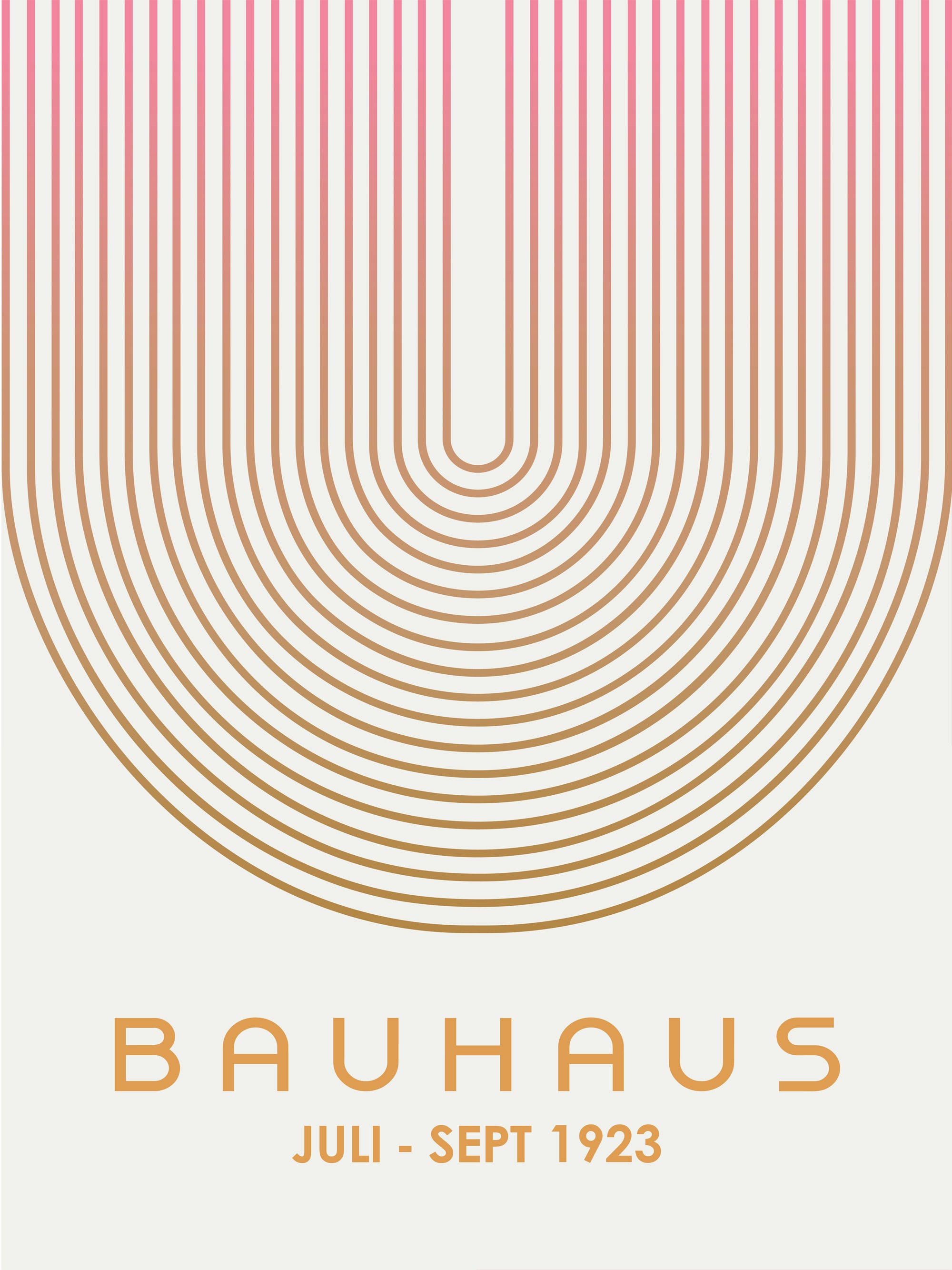 Grafik mit Linienbogen in Braun und Rosa, Text "Bauhaus Juli - Sept 1923" auf hellem Hintergrund.