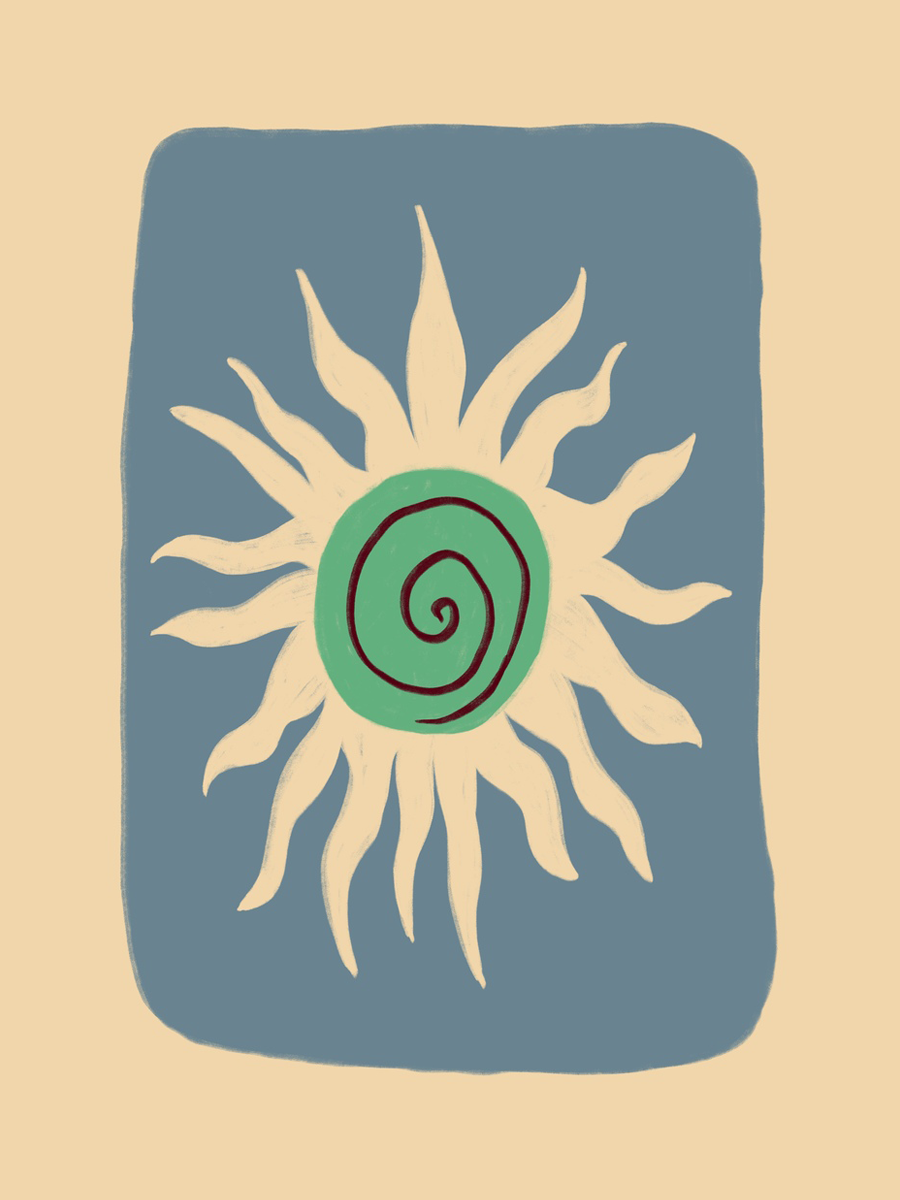 Poster mit stilisierter Sonne in Beige, grünem Zentrum und roter Spirale auf blauem Hintergrund.