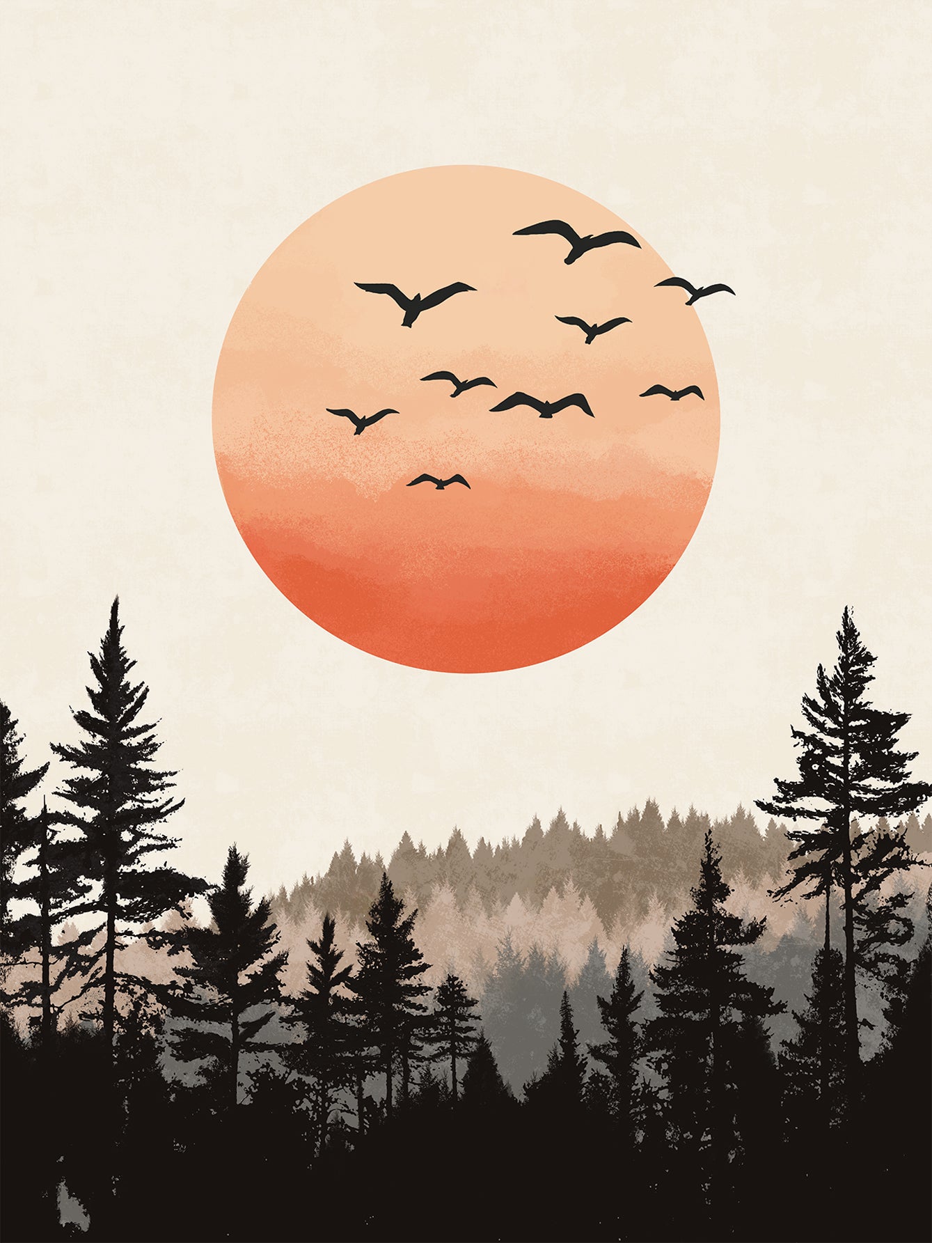 Grafische Illustration von Vögeln, die vor einer orangefarbenen Sonne über einen Wald fliegen.