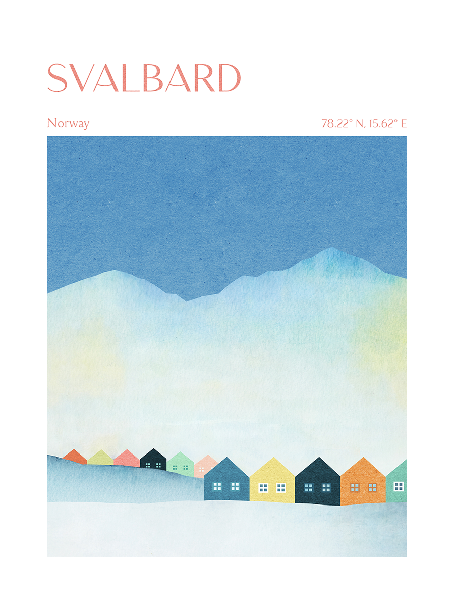 Poster mit dem Wort Svalbard in Rosa, darunter bunte Häuser im Schnee vor blauen Bergen.