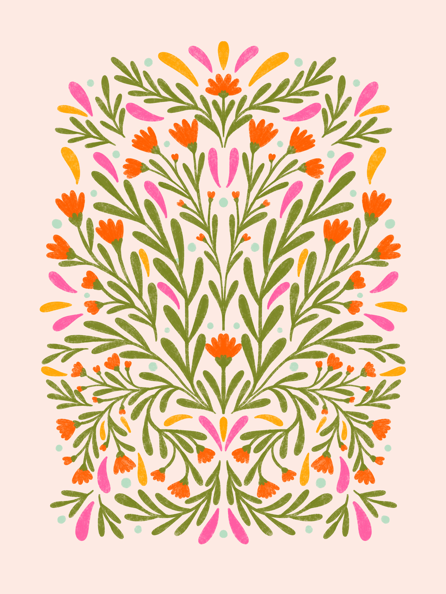 Grafisches Poster mit symmetrischem Blumenmuster in Grün, Orange, Rosa und Gelb auf hellrosa Hintergrund.