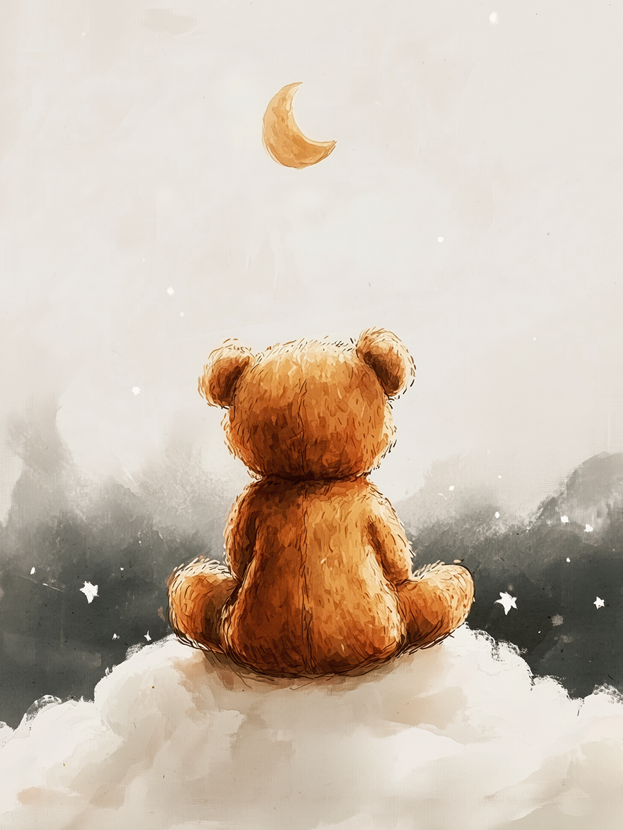 Teddybär sitzt auf einer Wolke und schaut in den Nachthimmel mit Halbmond.