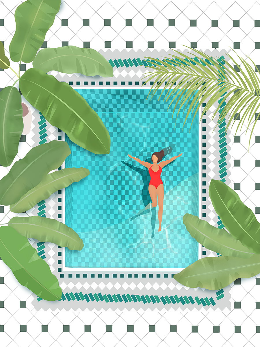 Illustration einer Frau in rotem Badeanzug, die in einem Pool schwimmt, umgeben von grünen Pflanzen.