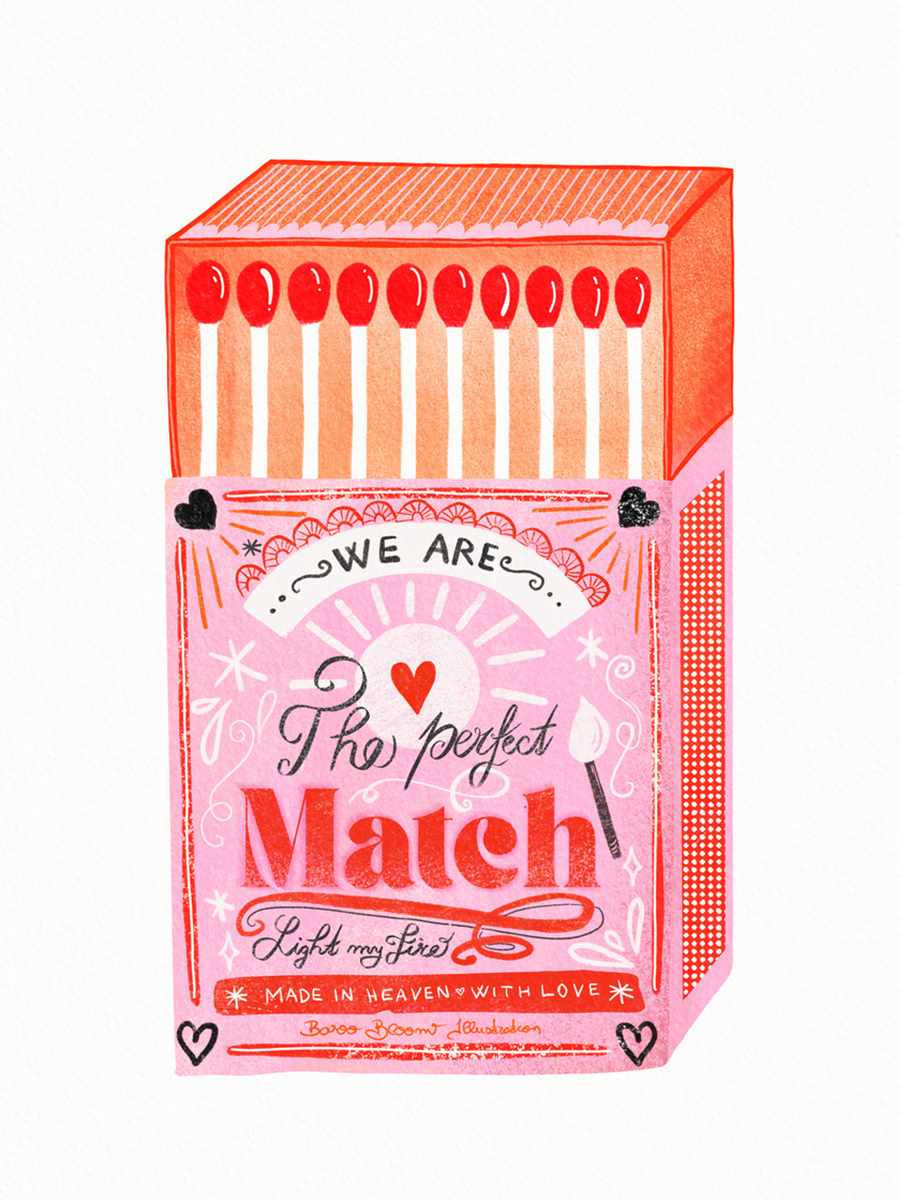 Illustration einer rosa und roten Streichholzschachtel mit dem Text "We are the perfect match".