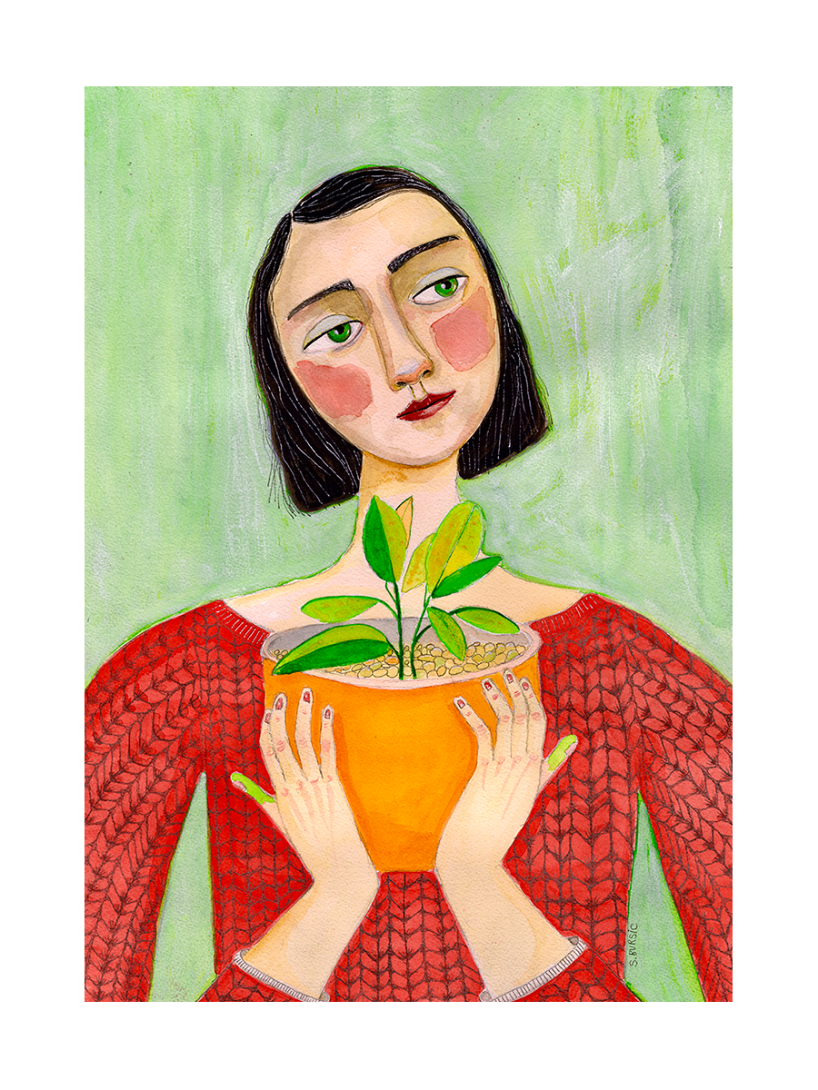 Illustration einer Frau mit schwarzem Haar und grünem Pullover, die eine Pflanze in einem orangefarbenen Topf hält.