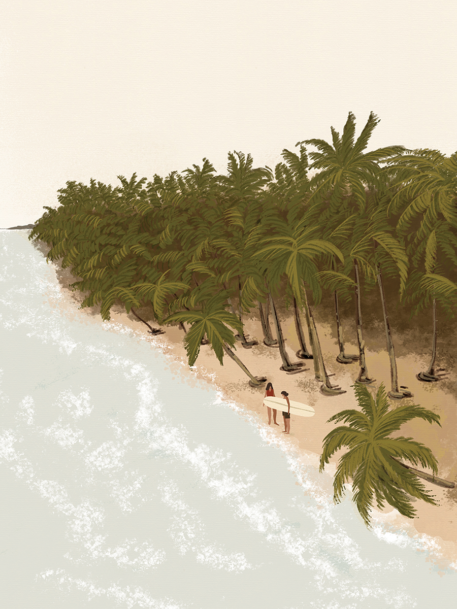 Illustration von zwei Surfern am Strand mit Palmen.