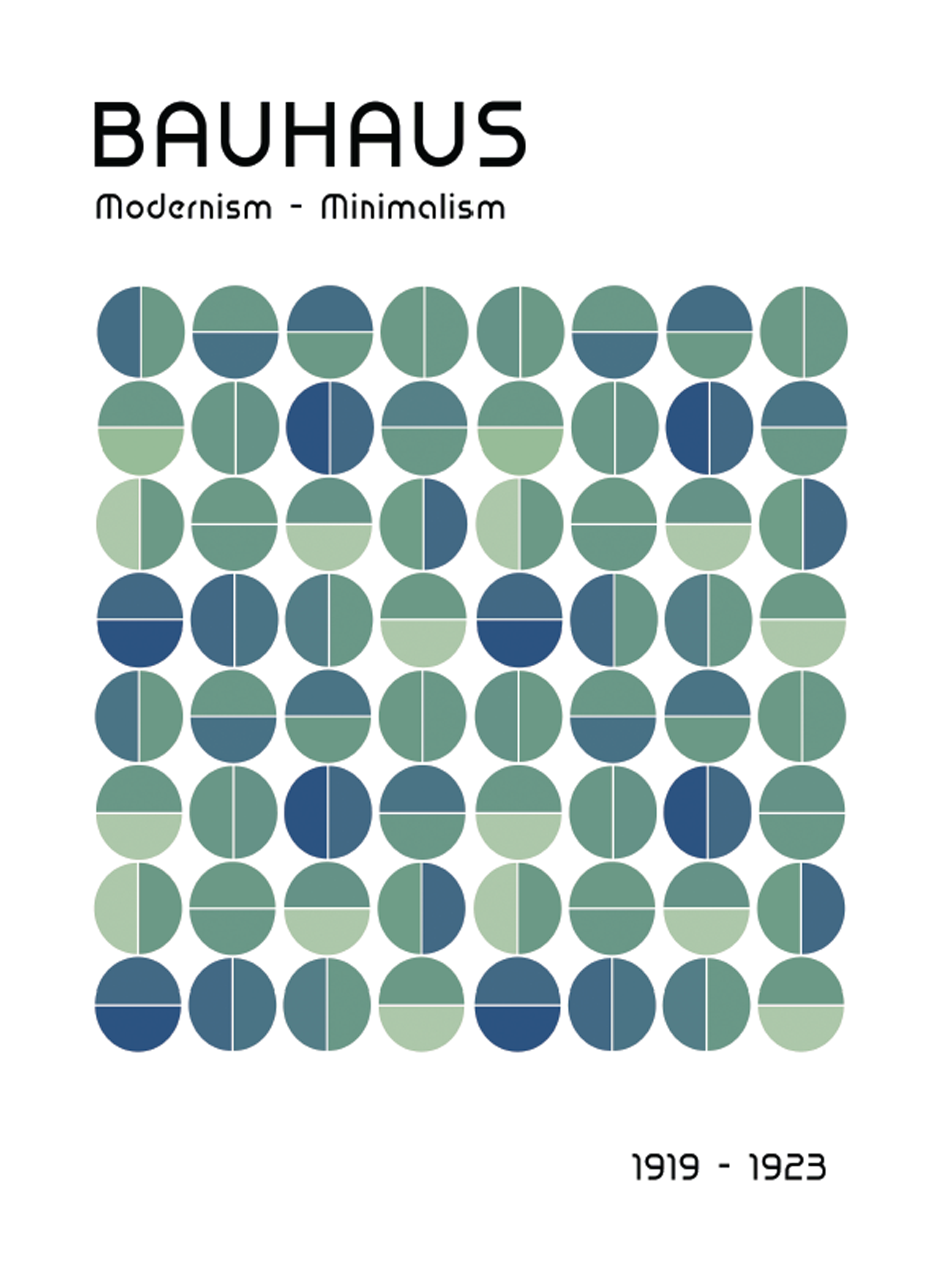 Grafisches Poster mit blauen und grünen Kreisen und dem Text Bauhaus Modernism - Minimalism 1919 - 1923.