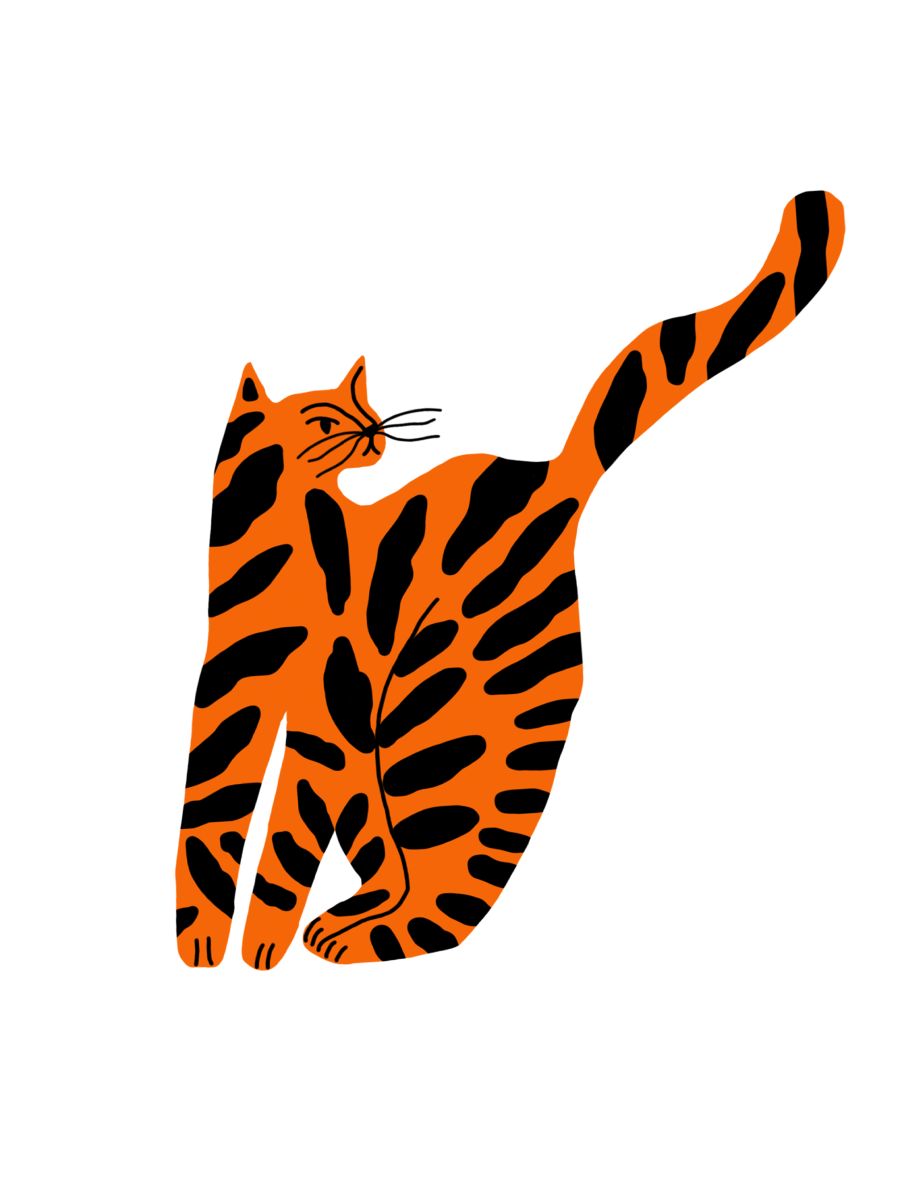 Illustration einer Katze mit gestreiftem orangefarbenem und schwarzem Fell auf weißem Hintergrund.