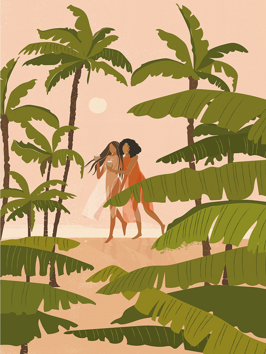 Illustration von zwei Frauen, die sich umarmen, umgeben von grünen Palmen und einem rosa Hintergrund mit Sonne.