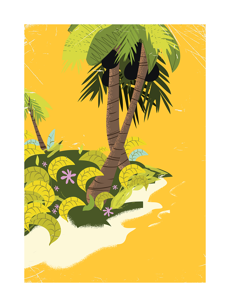 Illustration einer tropischen Insel mit Palmen und bunten Blättern vor einem gelben Hintergrund.