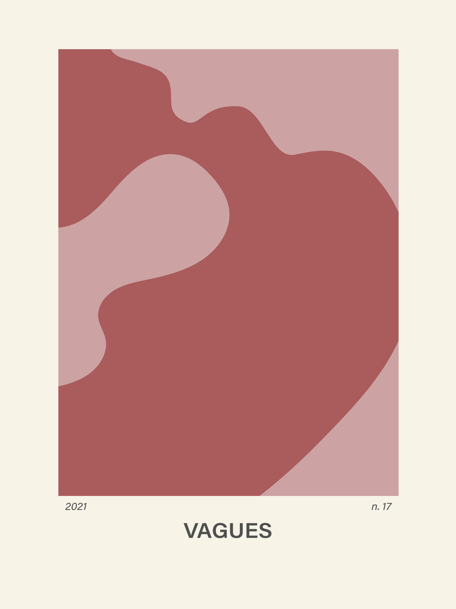 Grafische Illustration mit abstrakten Formen in Rot und Rosa auf beigefarbenem Hintergrund mit Text darunter.
