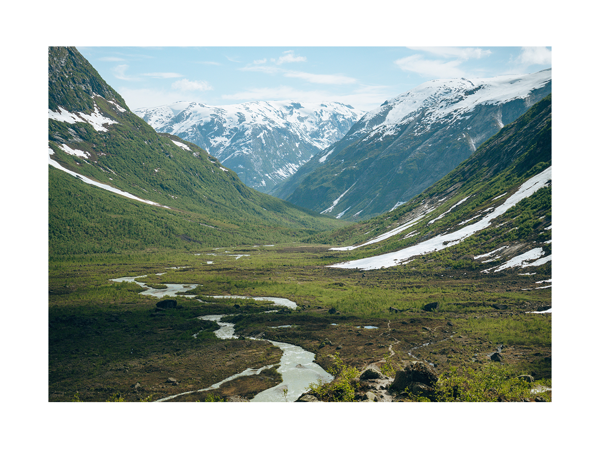 Fotografie eines grünen Tals mit schneebedeckten Bergen im Hintergrund.