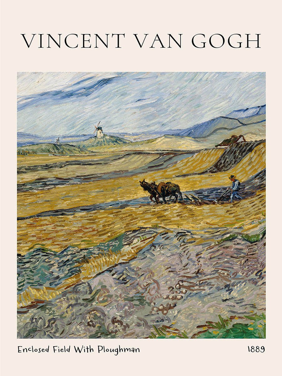Poster von Vincent Van Gogh mit einem Bauern, der ein Feld pflügt, auf beigem Hintergrund.