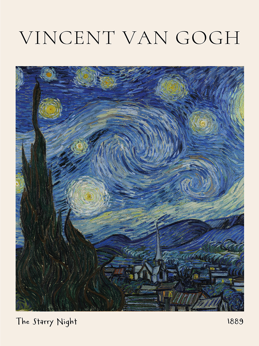 Das Gemälde „Sternennacht“ von Vincent van Gogh mit einem hellbeigen Hintergrund.