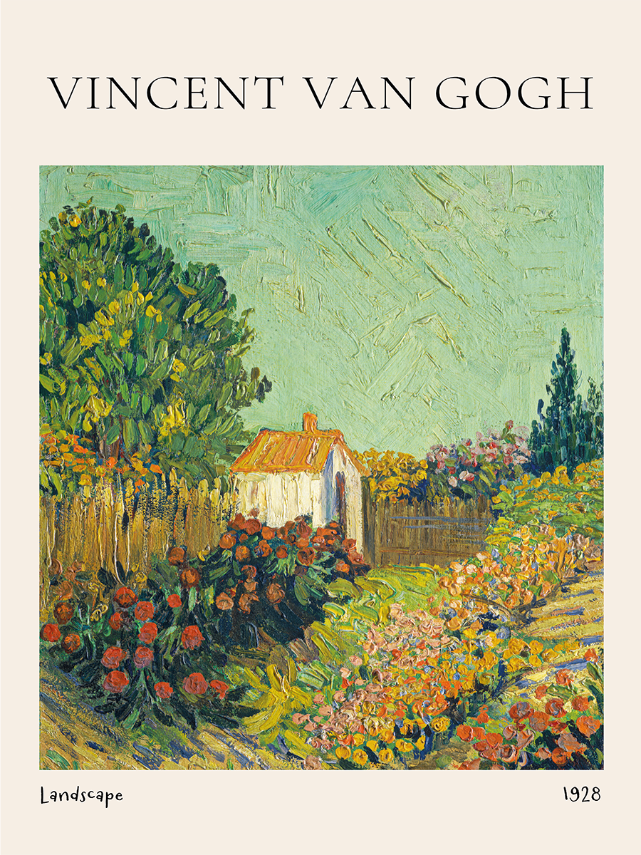 Ein Gemälde von Vincent van Gogh mit einer Hütte in einem bunten Garten, umgeben von Bäumen und Blumen.