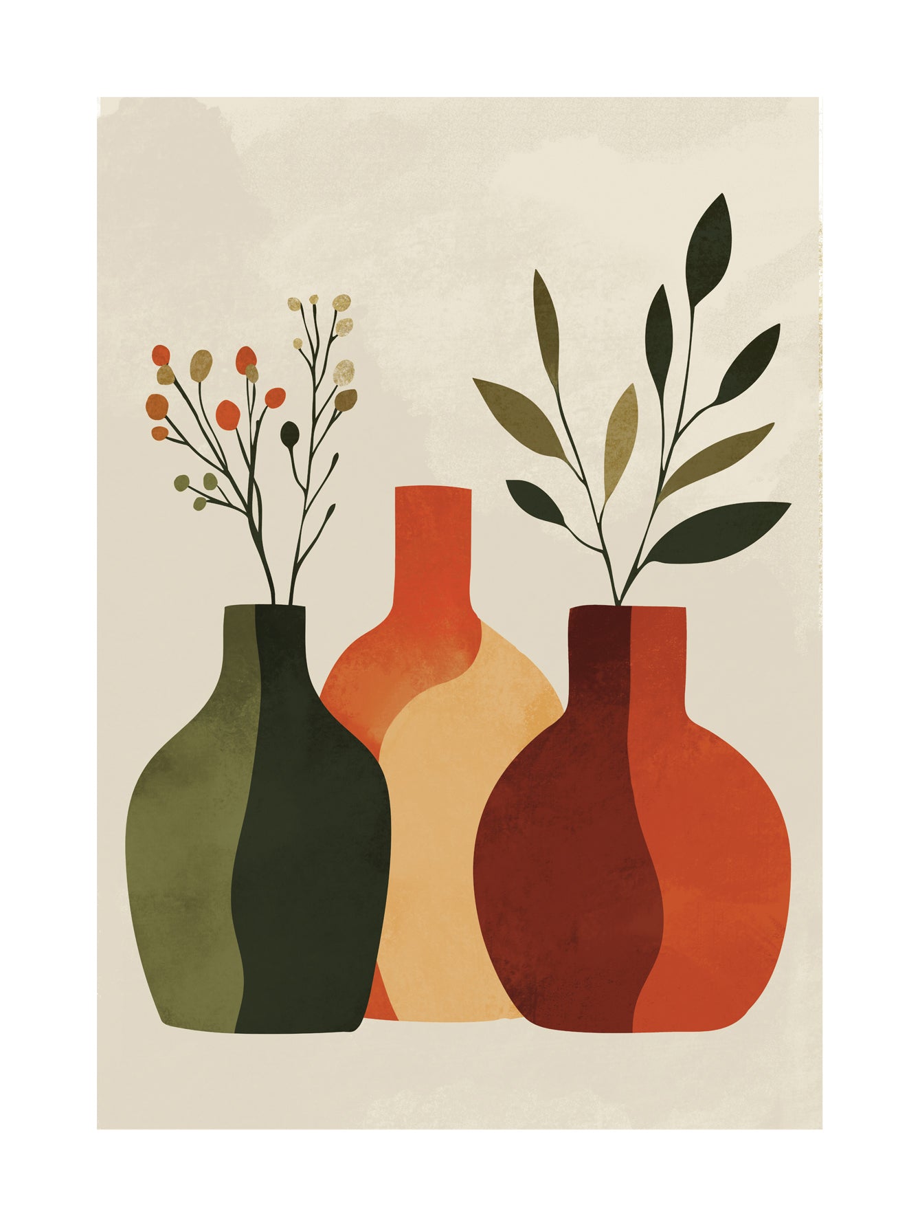 Illustration von drei Vasen in Grün, Orange und Rot mit Zweigen vor einem beigen Hintergrund.