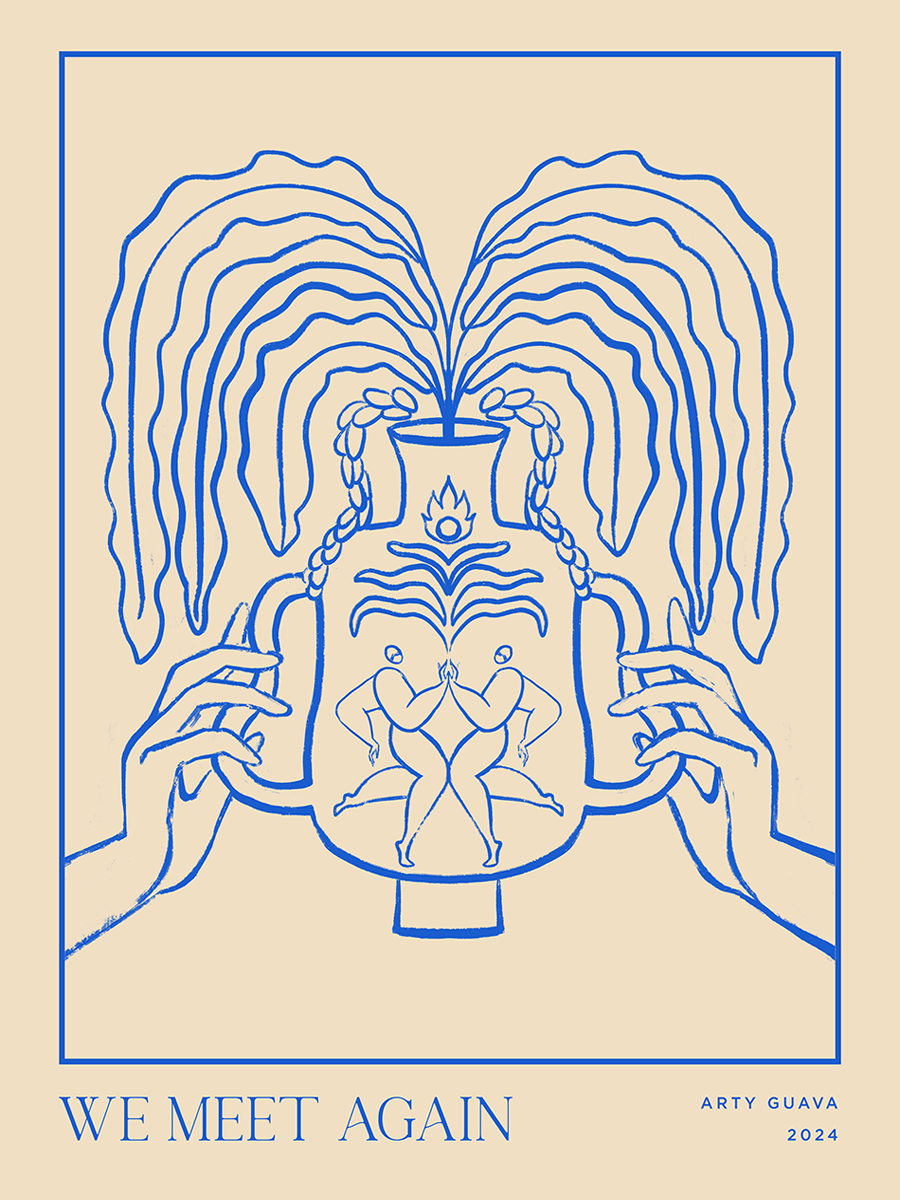 Illustration einer blauen Vase mit symmetrischen Mustern auf beigefarbenem Hintergrund und dem Text "We meet again".