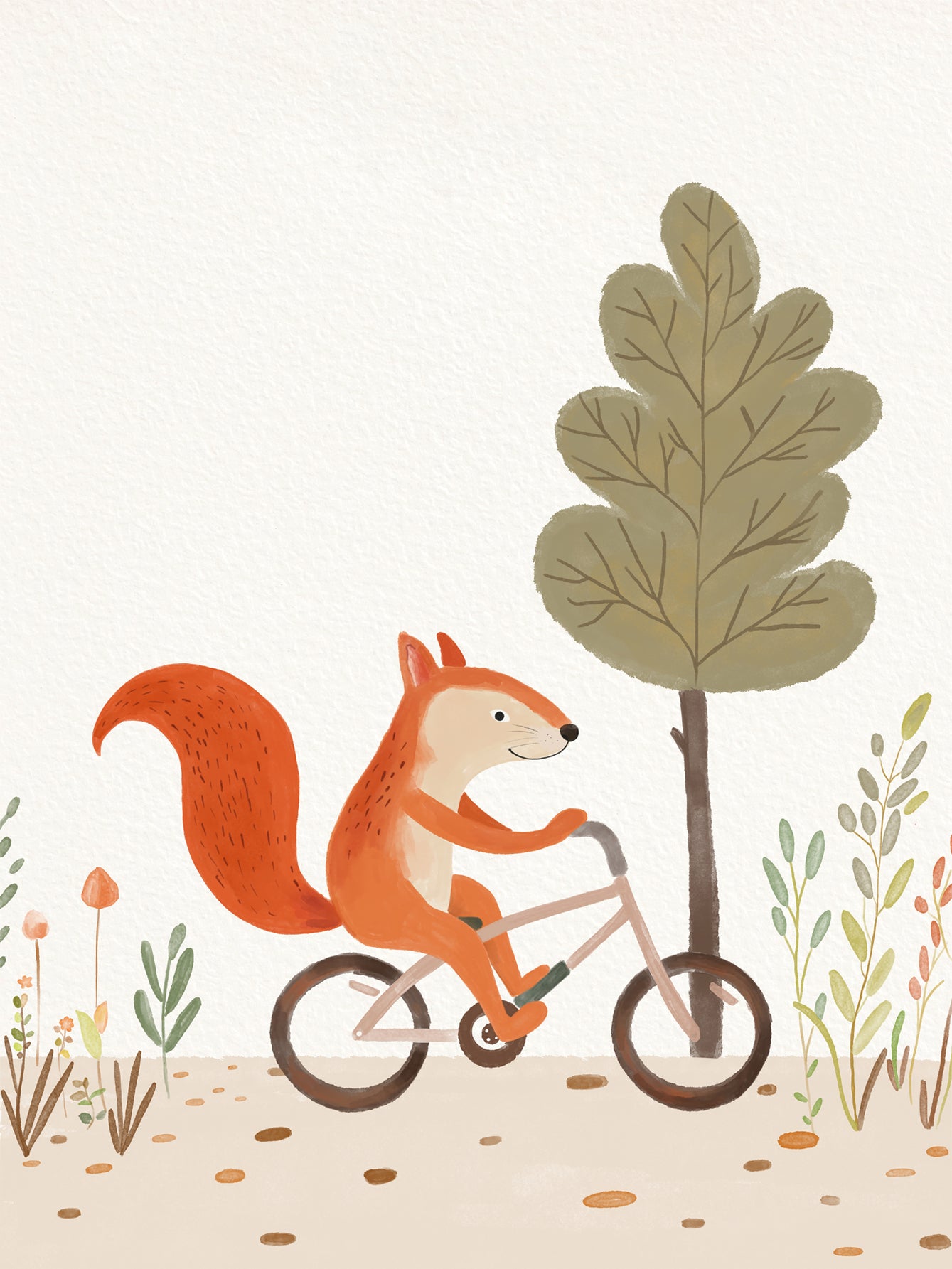 Illustration eines Eichhörnchens auf einem Fahrrad neben einem Baum und bunten Blumen.