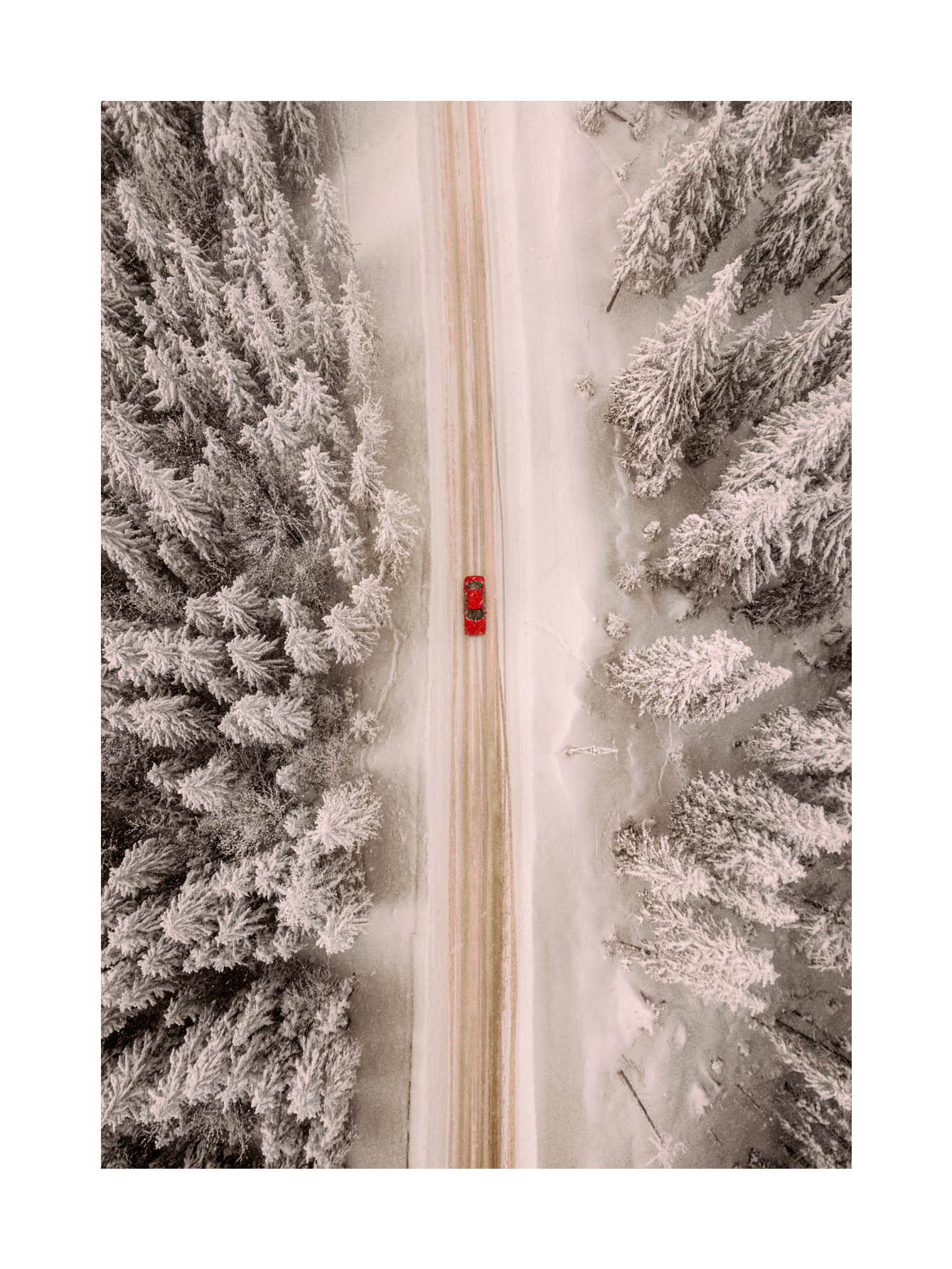 Luftbild eines roten Autos auf einer schneebedeckten Straße zwischen Bäumen.