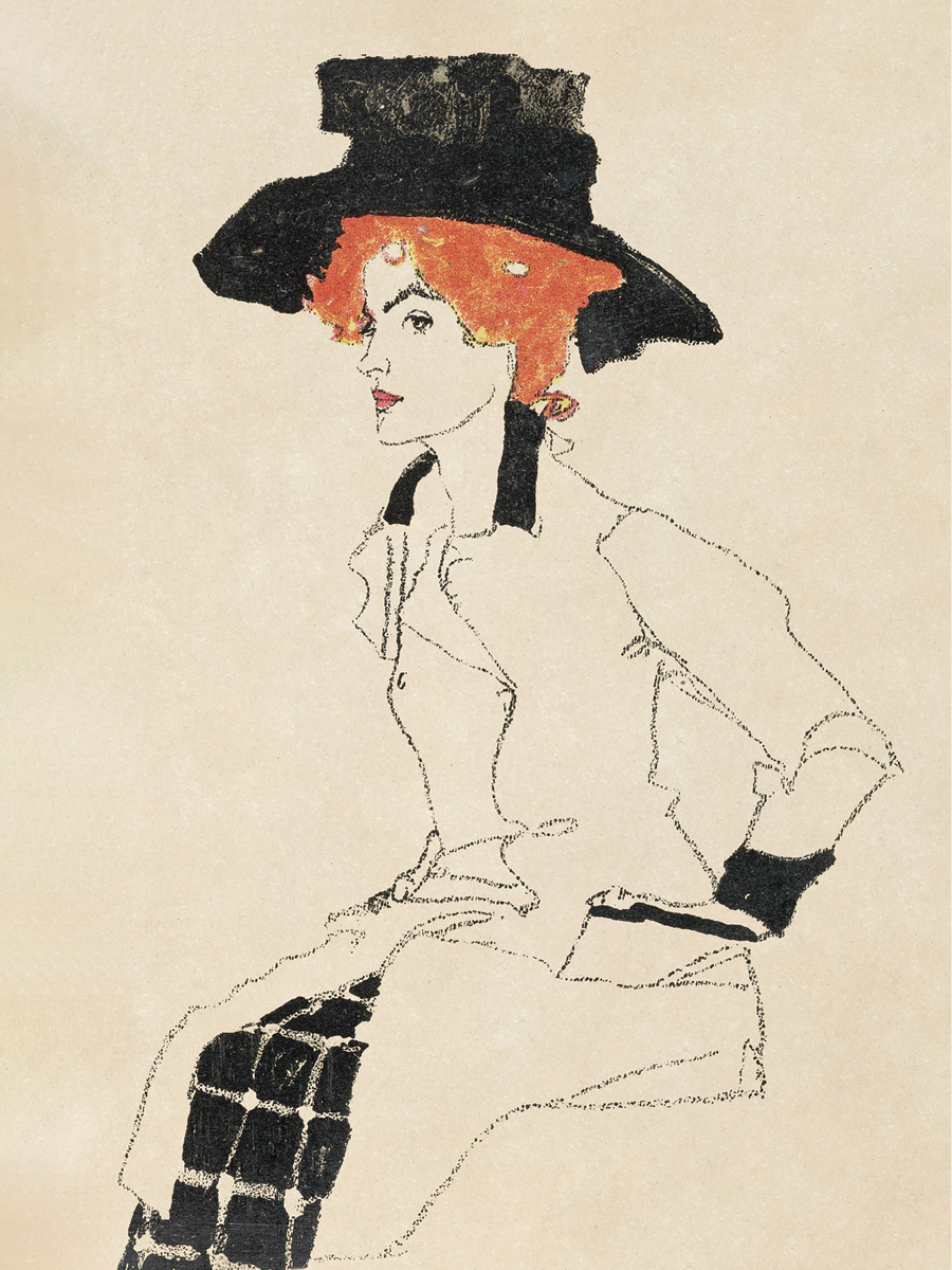 Illustration einer Frau mit rotem Haar und schwarzem Hut auf beigem Hintergrund.