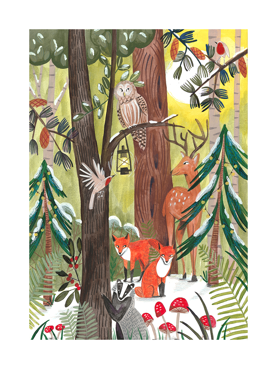 Illustration von Waldtieren im Schnee mit roten Pilzen.