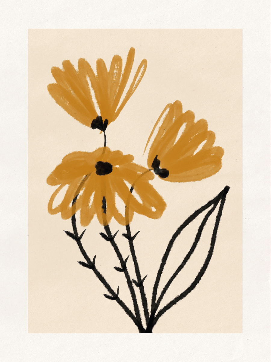 Illustration von gelben Blumen mit schwarzen Stielen auf beigem Hintergrund.