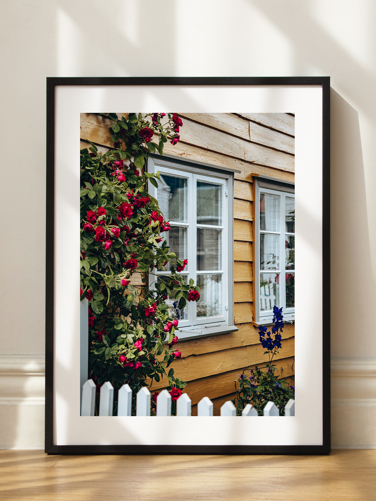 Yellow House with Roses Poster