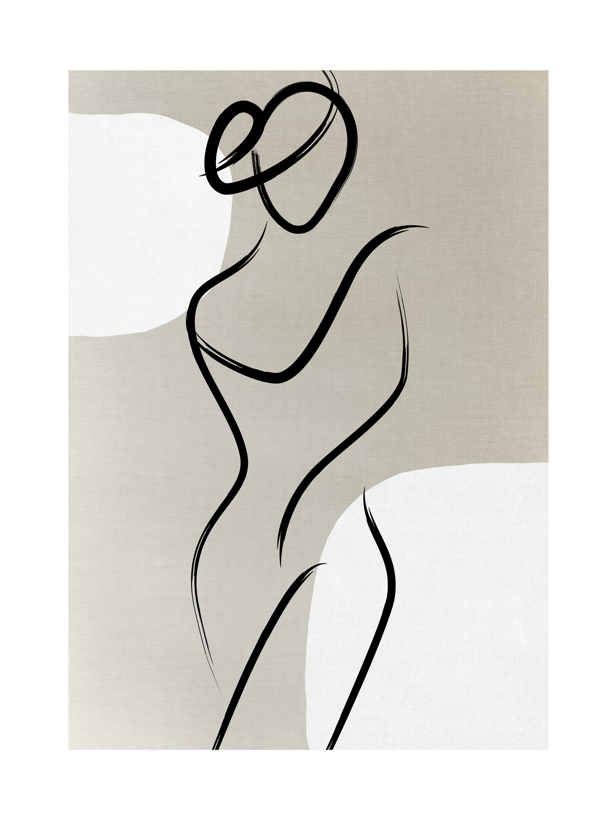 Line-Art-Illustration einer Frau mit schwarzen Linien auf beigem und weißem Hintergrund.