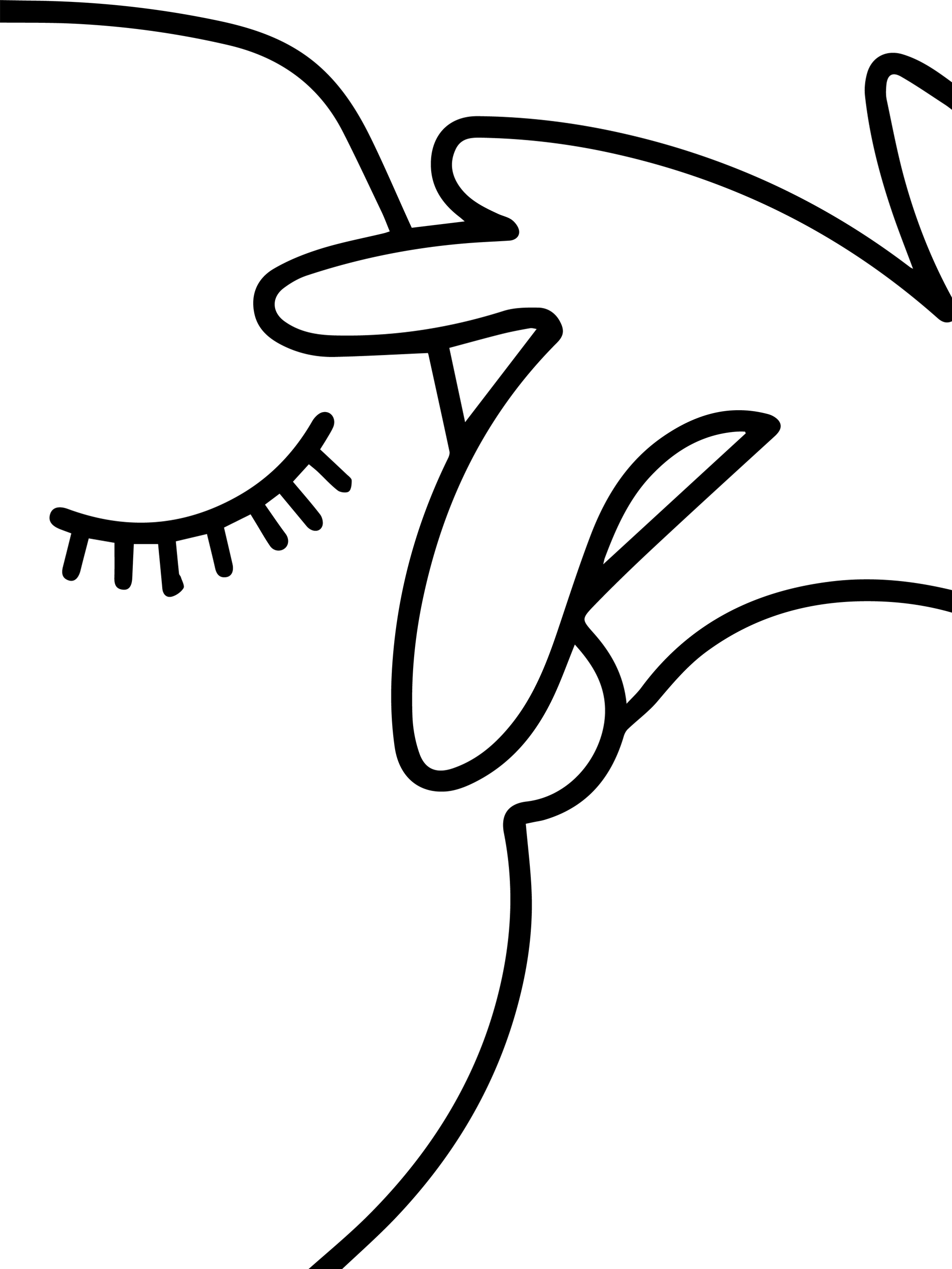 Schwarz-weiß-Illustration mit Gesicht einer Frau und Hand in Umrisslinie auf weißem Hintergrund.