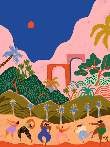 Frauen tanzen in einer bunten Dschungellandschaft mit blauem und rosa Himmel, grüner Vegetation und einem roten Bogen im Hintergrund.