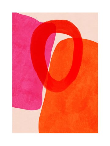 Abstrakte Formen in Rot, Orange und Pink auf beigem Hintergrund.