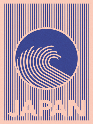Grafische Illustration einer blauen Welle mit rosa Hintergrund und dem Text "Japan".