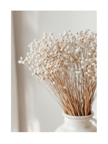 Fotografie von getrockneten weißen Blumen in einer beigefarbenen Vase vor einem unscharfen Hintergrund.