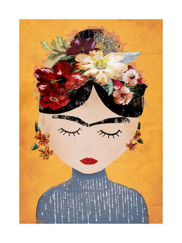 Illustration einer Frau mit Blumenkranz auf gelbem Hintergrund.