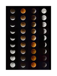 Poster mit verschiedenen Phasen einer Mondfinsternis vor schwarzem Hintergrund.