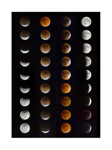 Poster mit verschiedenen Phasen einer Mondfinsternis vor schwarzem Hintergrund.