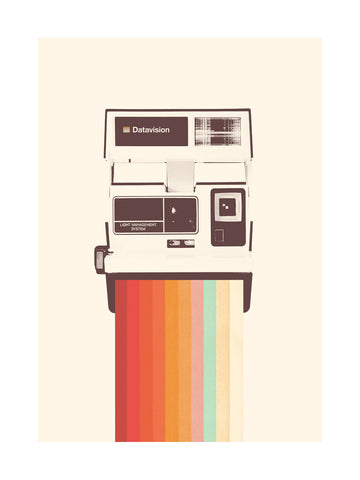 Illustration einer Polaroid-Kamera mit einem Regenbogen, der aus der Kamera kommt.