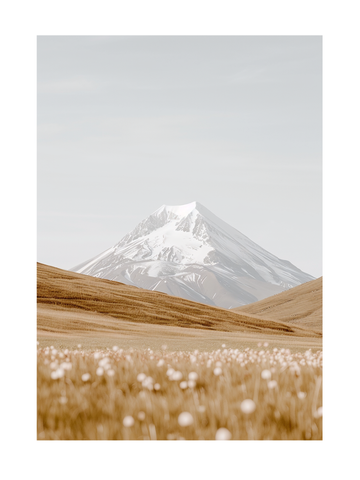 Fotografie eines schneebedeckten Berges mit blauem Himmel und einem Feld im Vordergrund.
