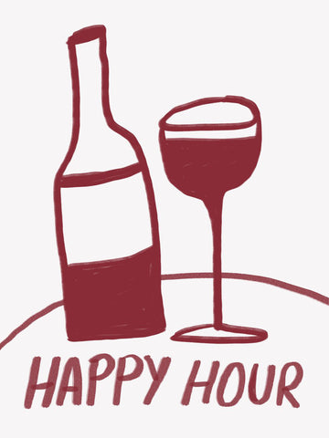 Grafische Illustration einer Weinflasche und eines Weinglases mit dem Text „Happy Hour“ auf weißem Hintergrund.