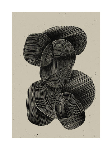Grafische Illustration mit abstrakten Formen und Linien in Schwarz auf beigem Hintergrund mit kleinen Punkten.