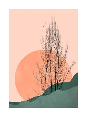 Grafische Illustration von schwarzen Bäumen und grünen Hügeln vor einer rosa Sonne und einem hellrosa Hintergrund.