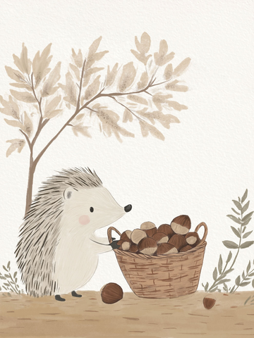 Ein Igel mit einem Korb voller Nüsse, umgeben von Blättern.
