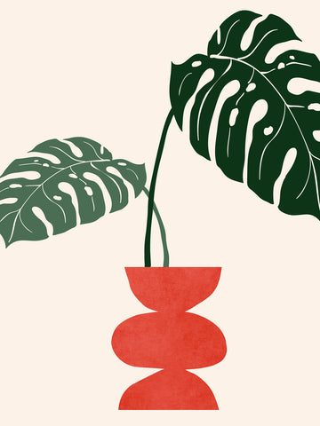 Grafische Illustration einer Monstera-Pflanze in einer roten Vase vor beigem Hintergrund.